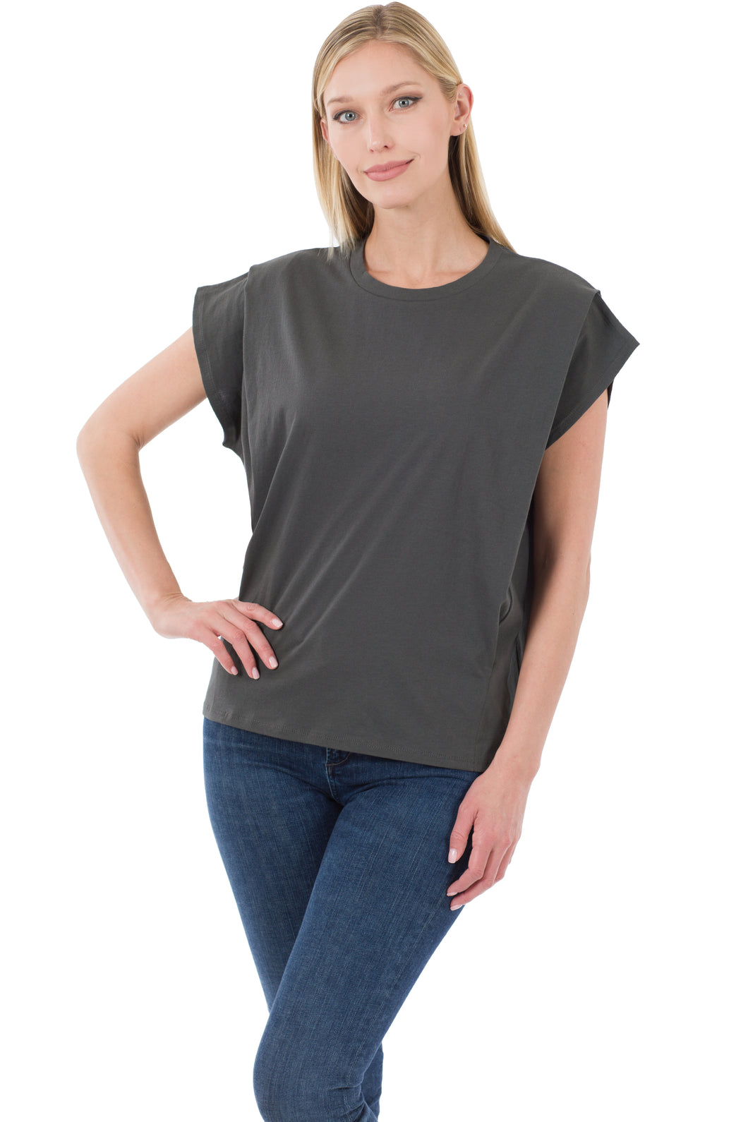 Ash Grey, Round neck , pleated shoulder top
