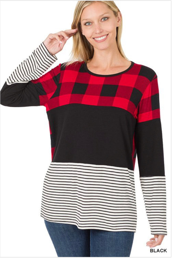 Buffalo Plaid Stripe Color Block long sleeve