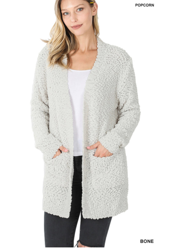 LONG SLEEVE POPCORN CARDIGAN WITH POCKETS