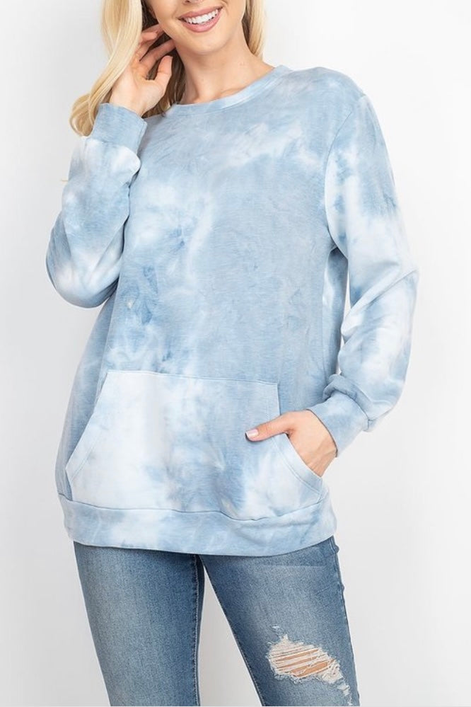 FRENCH TERRY BACK BRUSHED TIE DYE PULLOVER WITH KANGAROO POCKETS